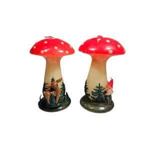 Vintage Red Spotted Mushroom Candles PAIR (2) Gnome Deer 7.25"
